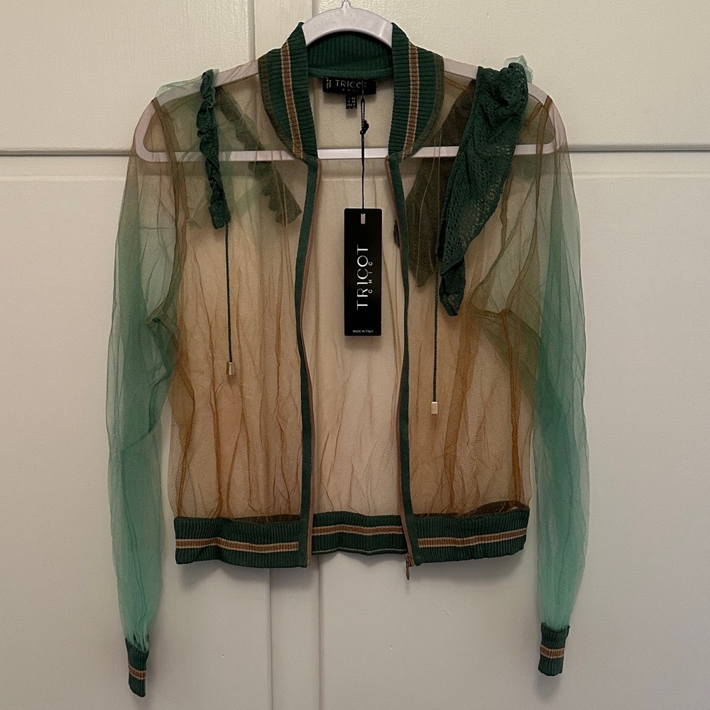 NWT Tricot Chic Taglia Modello Sheer Bomber Jacket Crochet